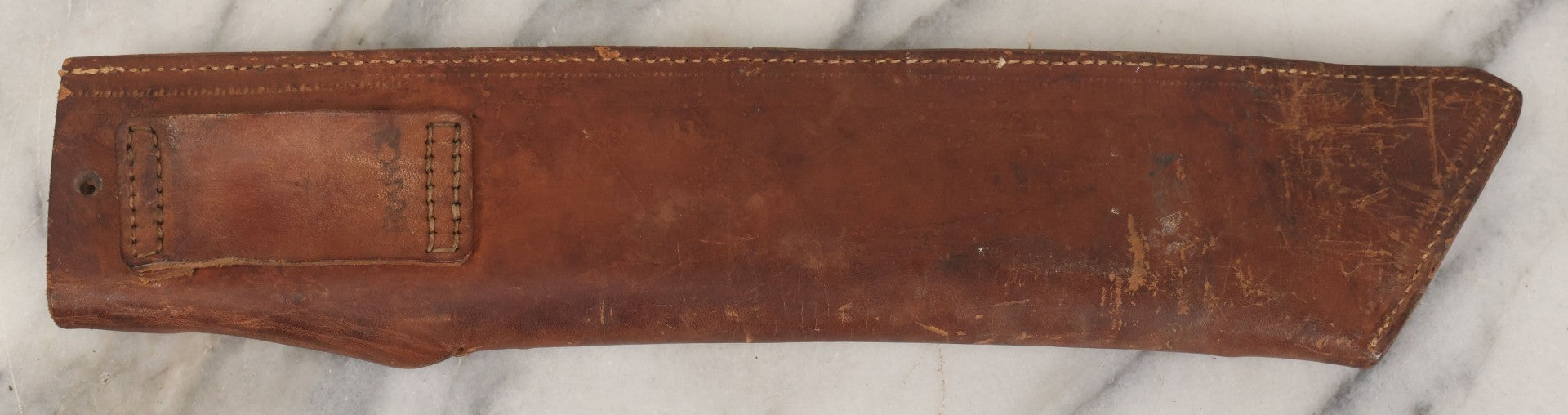 Lot 033 - Vintage World War 2 Era Machete In Custom Leather Sheath, Wood Handle, As Found With Period Military Uniforms, Blade 14-1/4" Length