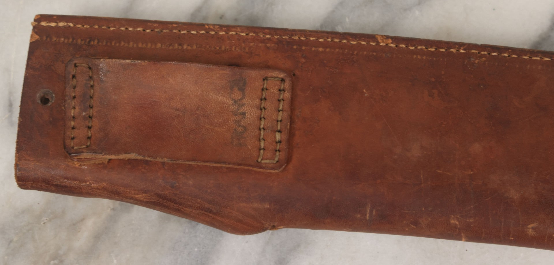 Lot 033 - Vintage World War 2 Era Machete In Custom Leather Sheath, Wood Handle, As Found With Period Military Uniforms, Blade 14-1/4" Length