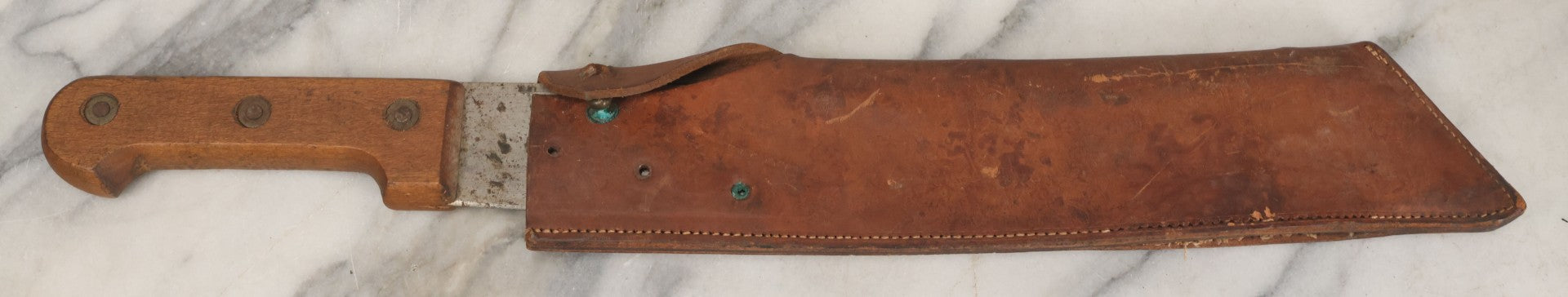 Lot 033 - Vintage World War 2 Era Machete In Custom Leather Sheath, Wood Handle, As Found With Period Military Uniforms, Blade 14-1/4" Length