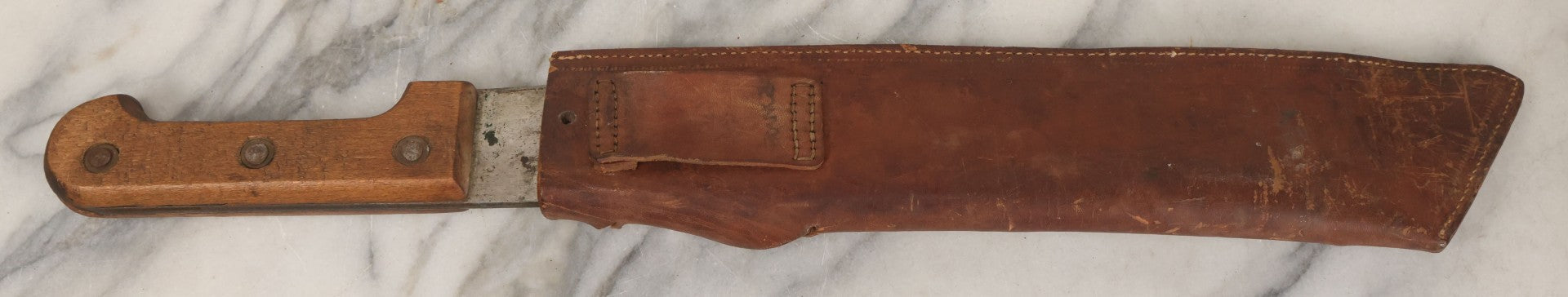 Lot 033 - Vintage World War 2 Era Machete In Custom Leather Sheath, Wood Handle, As Found With Period Military Uniforms, Blade 14-1/4" Length