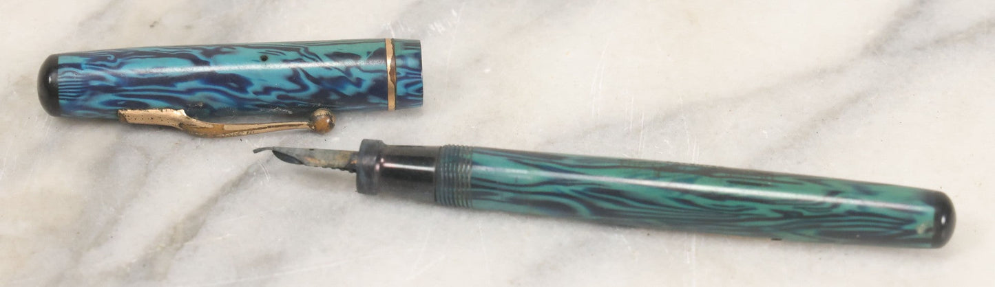 Lot 038 - Antique Carter's Fountain Pen With Blue / Green Marbling Color, Original Cap, The Carter's Ink Co., Boston, New York, & Chicago, 5" Length