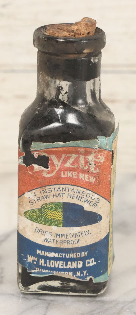 Lot 040 - Grouping Of Four Vintage Ink And Polish Glass Bottles With Paper Labels Including Dyzit Straw Hat Renewer, Sanford's Premium Writing Fluid, Bixby Mahogany Shoe Cleaner, And Bixby Royal Shoe Polish