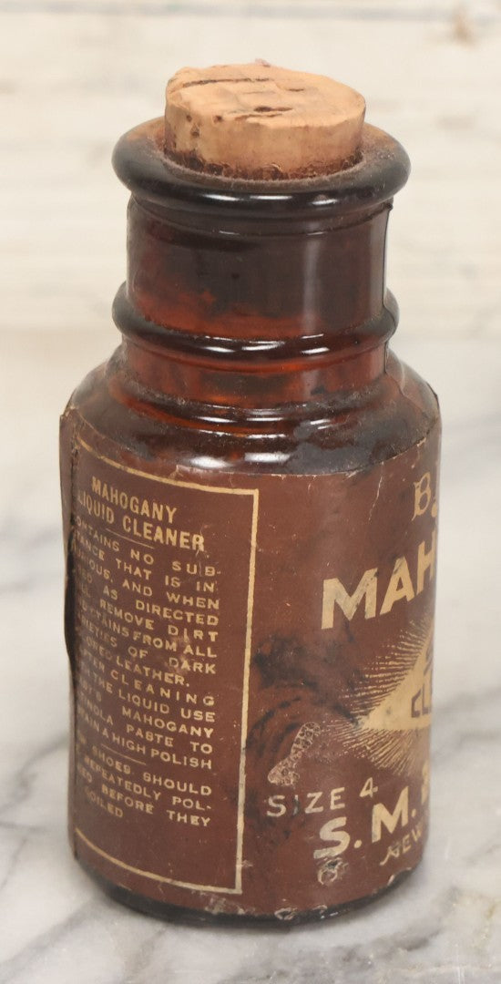 Lot 040 - Grouping Of Four Vintage Ink And Polish Glass Bottles With Paper Labels Including Dyzit Straw Hat Renewer, Sanford's Premium Writing Fluid, Bixby Mahogany Shoe Cleaner, And Bixby Royal Shoe Polish