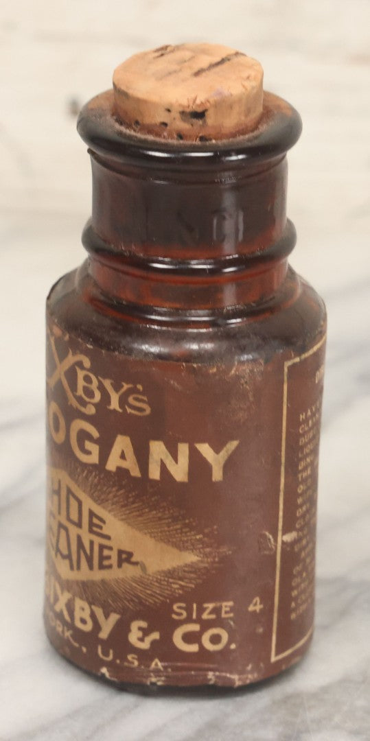 Lot 040 - Grouping Of Four Vintage Ink And Polish Glass Bottles With Paper Labels Including Dyzit Straw Hat Renewer, Sanford's Premium Writing Fluid, Bixby Mahogany Shoe Cleaner, And Bixby Royal Shoe Polish