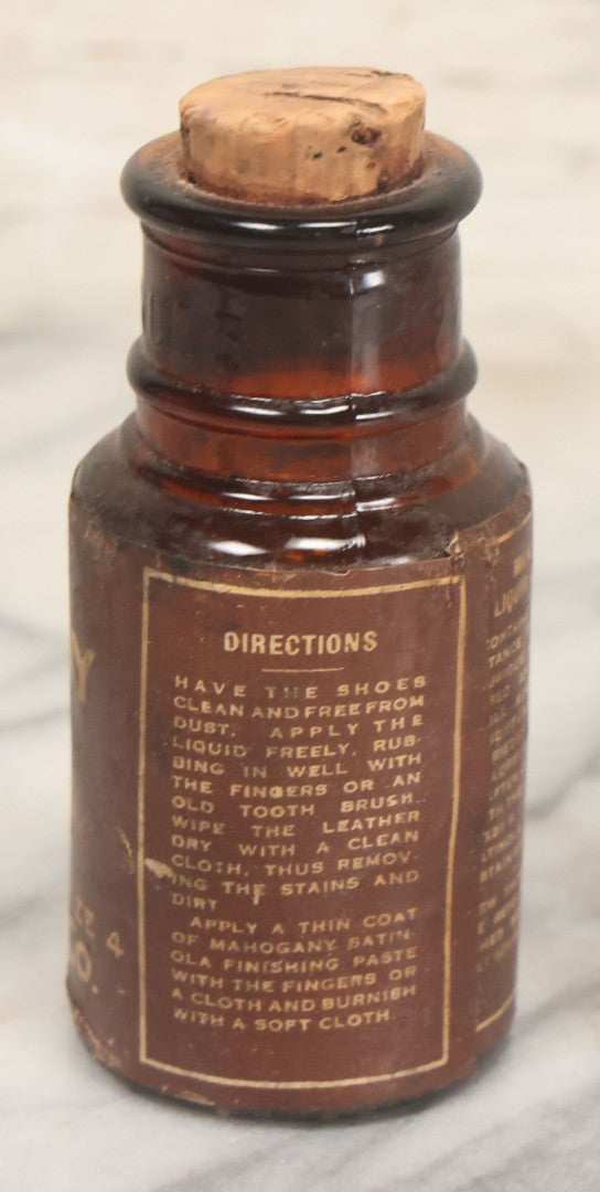Lot 040 - Grouping Of Four Vintage Ink And Polish Glass Bottles With Paper Labels Including Dyzit Straw Hat Renewer, Sanford's Premium Writing Fluid, Bixby Mahogany Shoe Cleaner, And Bixby Royal Shoe Polish