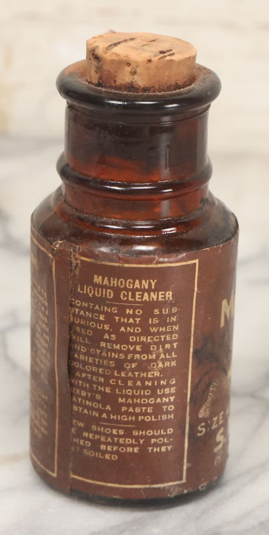 Lot 040 - Grouping Of Four Vintage Ink And Polish Glass Bottles With Paper Labels Including Dyzit Straw Hat Renewer, Sanford's Premium Writing Fluid, Bixby Mahogany Shoe Cleaner, And Bixby Royal Shoe Polish