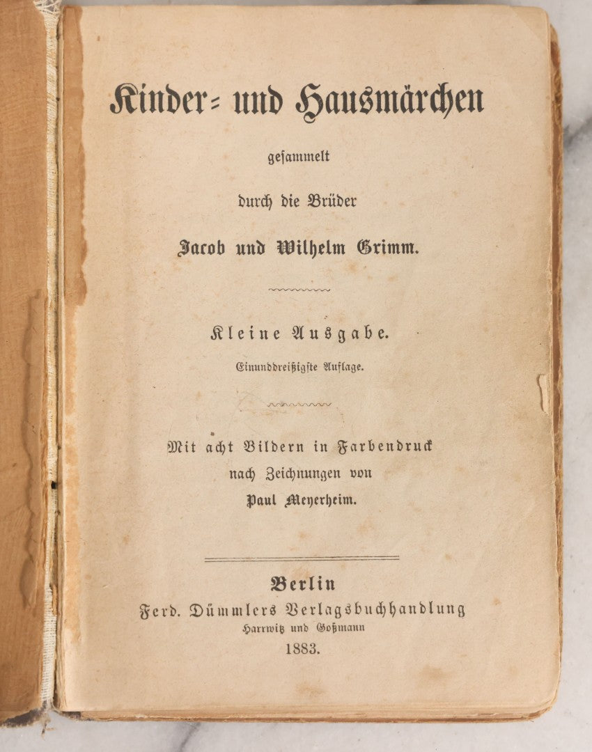 Lot 049 - "Children's And Household Tales Collected By The Brothers Grimm" Antique Grimm's Fairy Tales Book In German, 37th Edition, With Color Illustrations After Paul Meyerheim, Ferd. Dümmlers Verlagsbuchhandlung, Publishers, Berlin, 1883