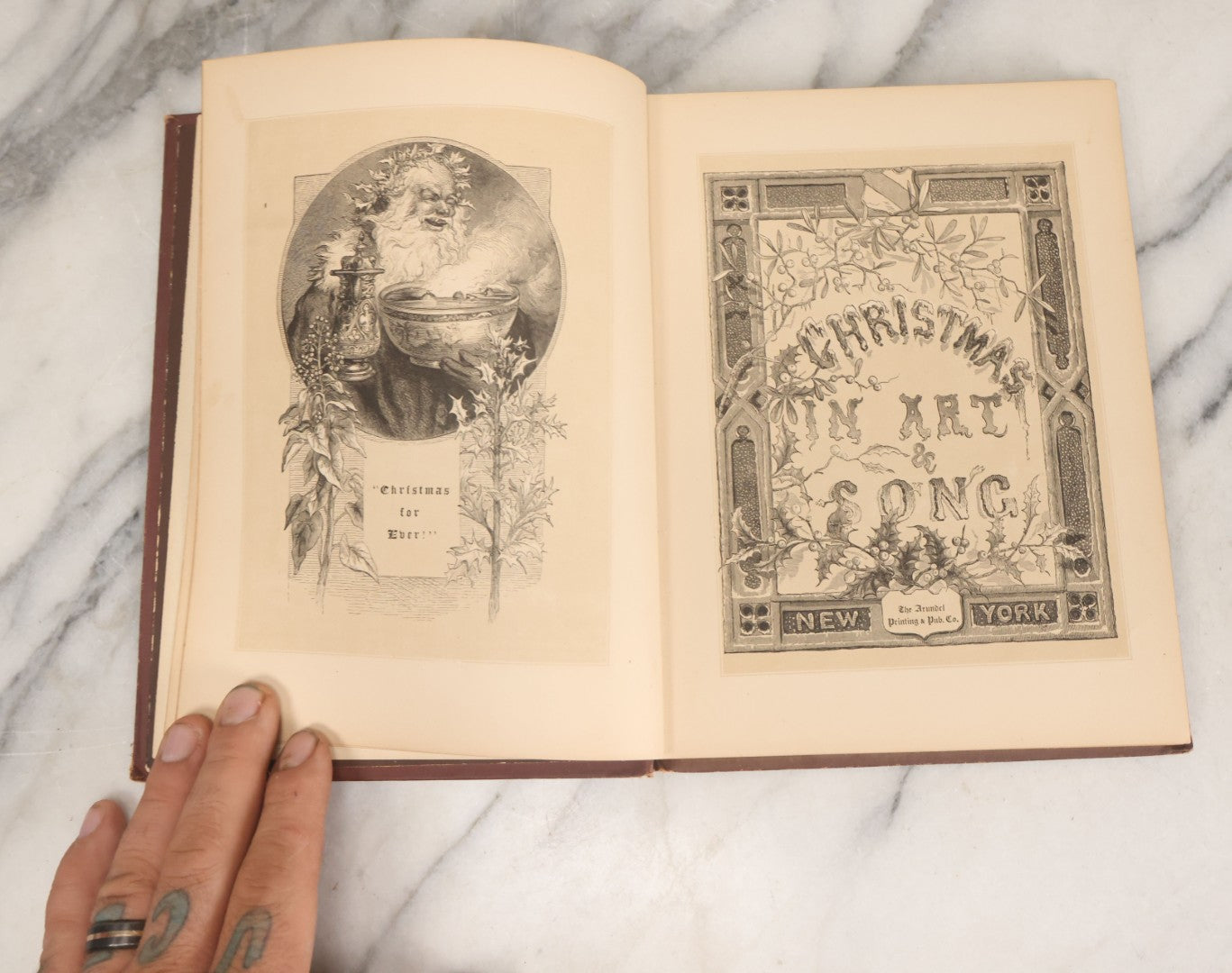 Lot 050 - "Christmas In Art & Song" Antique Book With 40+ Illustrations, Many Full Page Plates, With Christmas 1878  Gift Inscription, Gilt Lettering, Gold And Black Mistletoe Motif, On Cover, The Arundel Printing And Publishing Company, New York, 1879