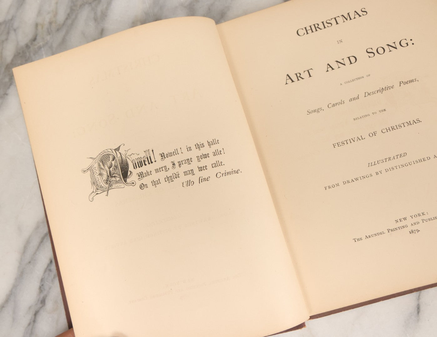 Lot 050 - "Christmas In Art & Song" Antique Book With 40+ Illustrations, Many Full Page Plates, With Christmas 1878  Gift Inscription, Gilt Lettering, Gold And Black Mistletoe Motif, On Cover, The Arundel Printing And Publishing Company, New York, 1879