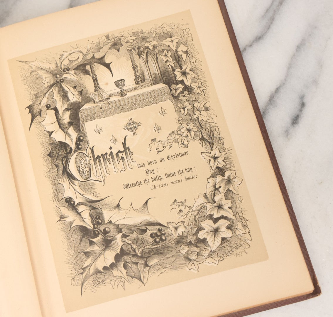 Lot 050 - "Christmas In Art & Song" Antique Book With 40+ Illustrations, Many Full Page Plates, With Christmas 1878  Gift Inscription, Gilt Lettering, Gold And Black Mistletoe Motif, On Cover, The Arundel Printing And Publishing Company, New York, 1879