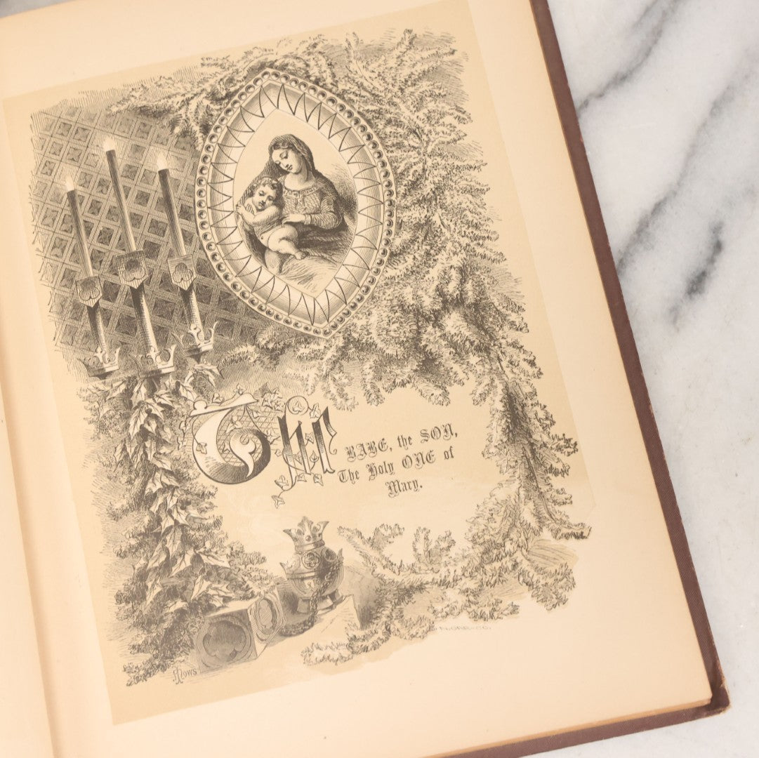 Lot 050 - "Christmas In Art & Song" Antique Book With 40+ Illustrations, Many Full Page Plates, With Christmas 1878  Gift Inscription, Gilt Lettering, Gold And Black Mistletoe Motif, On Cover, The Arundel Printing And Publishing Company, New York, 1879