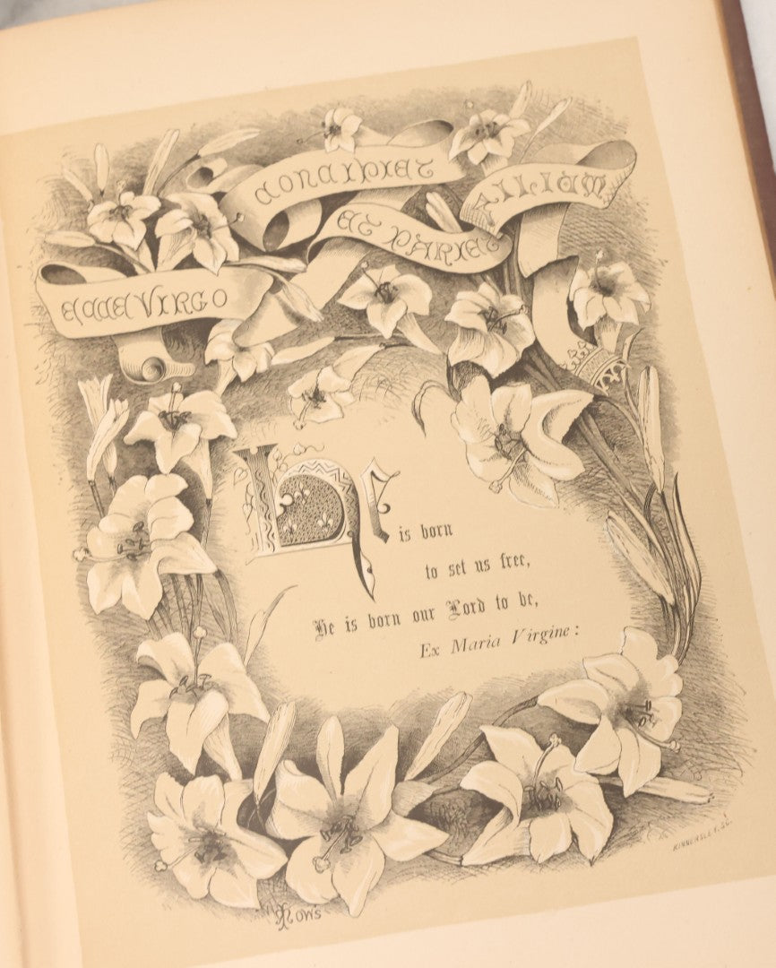 Lot 050 - "Christmas In Art & Song" Antique Book With 40+ Illustrations, Many Full Page Plates, With Christmas 1878  Gift Inscription, Gilt Lettering, Gold And Black Mistletoe Motif, On Cover, The Arundel Printing And Publishing Company, New York, 1879