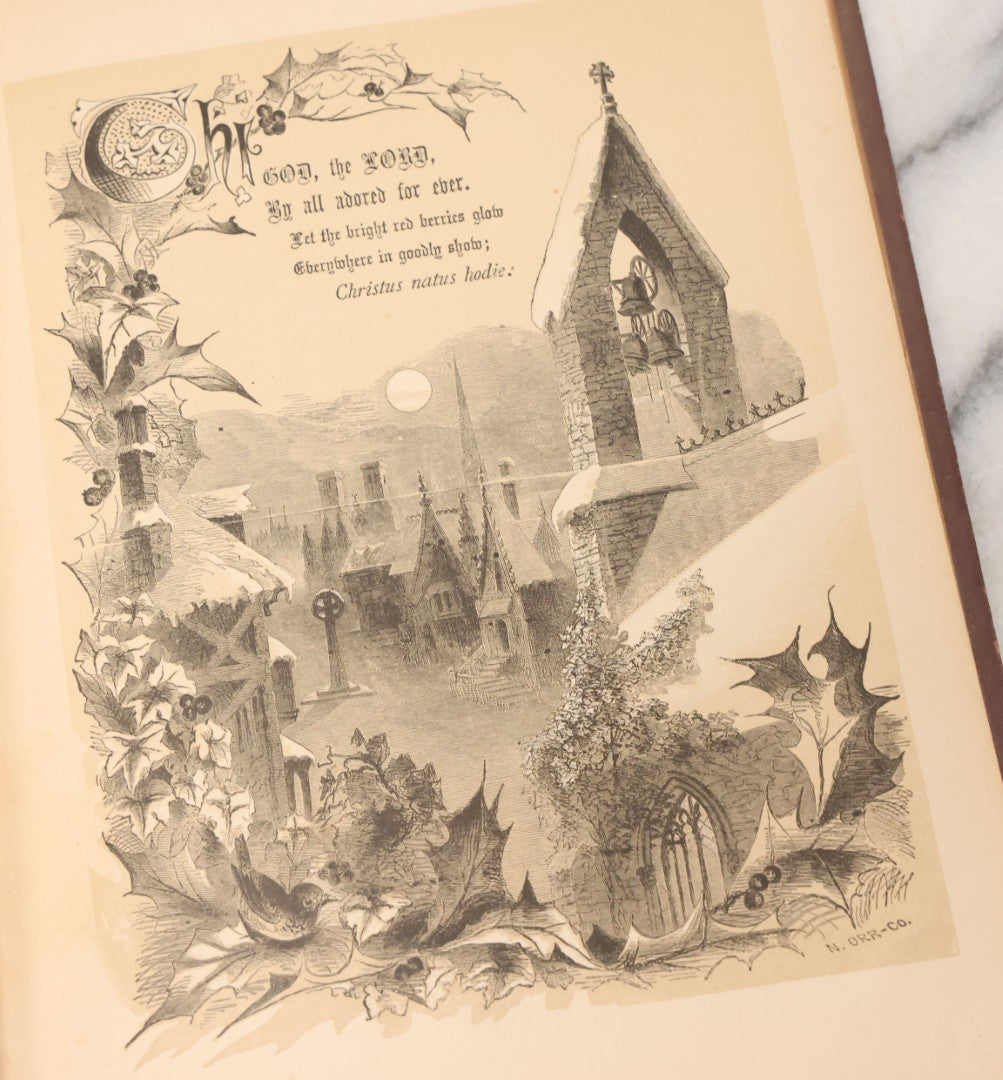 Lot 050 - "Christmas In Art & Song" Antique Book With 40+ Illustrations, Many Full Page Plates, With Christmas 1878  Gift Inscription, Gilt Lettering, Gold And Black Mistletoe Motif, On Cover, The Arundel Printing And Publishing Company, New York, 1879
