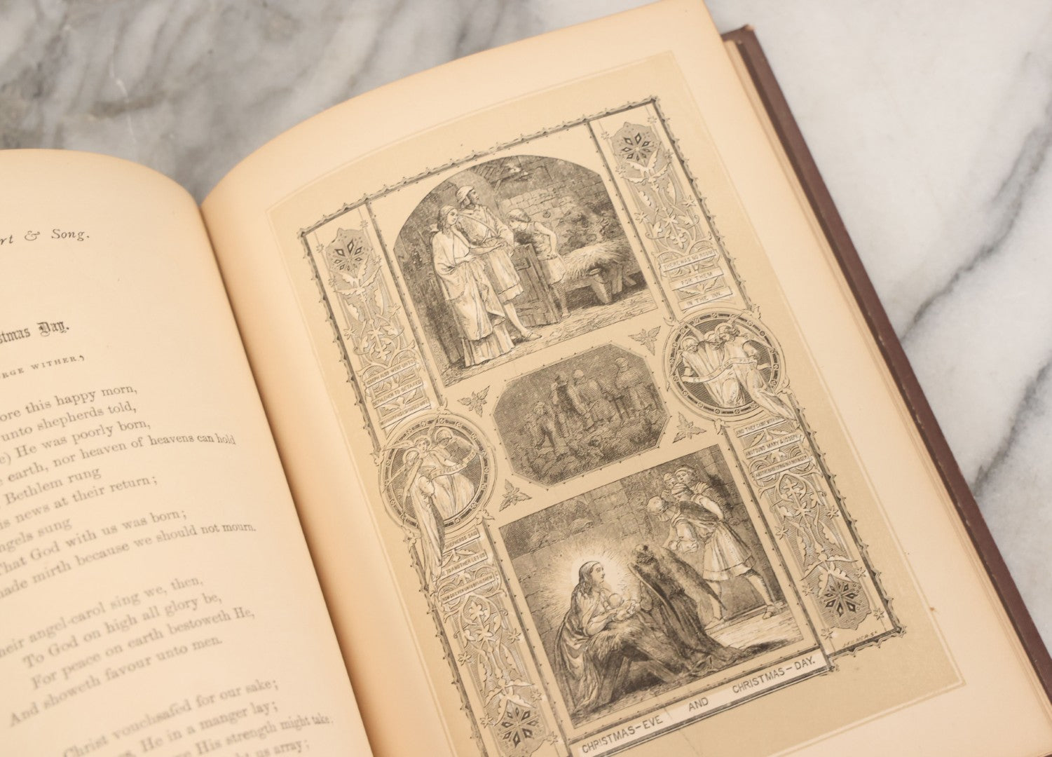 Lot 050 - "Christmas In Art & Song" Antique Book With 40+ Illustrations, Many Full Page Plates, With Christmas 1878  Gift Inscription, Gilt Lettering, Gold And Black Mistletoe Motif, On Cover, The Arundel Printing And Publishing Company, New York, 1879