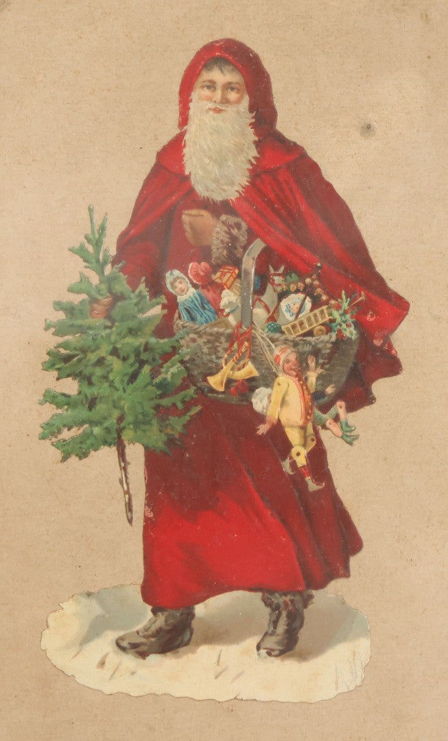 Lot 051 - Antique Victorian Scrapbook Page With Santa Claus Embossed Die Cut In Black Etched Eastlake Frame, 11-7/8" x 13-7/8"