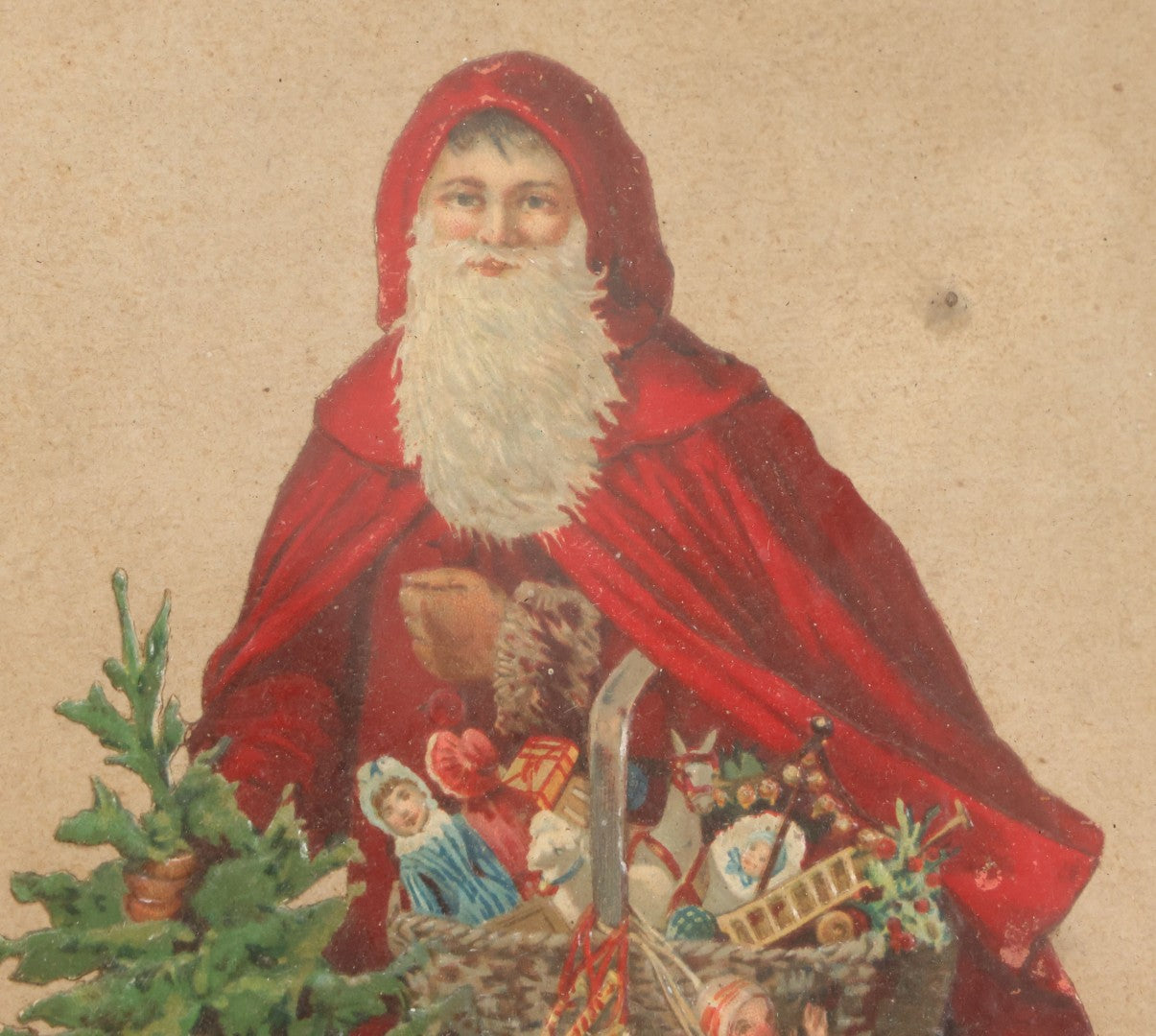 Lot 051 - Antique Victorian Scrapbook Page With Santa Claus Embossed Die Cut In Black Etched Eastlake Frame, 11-7/8" x 13-7/8"