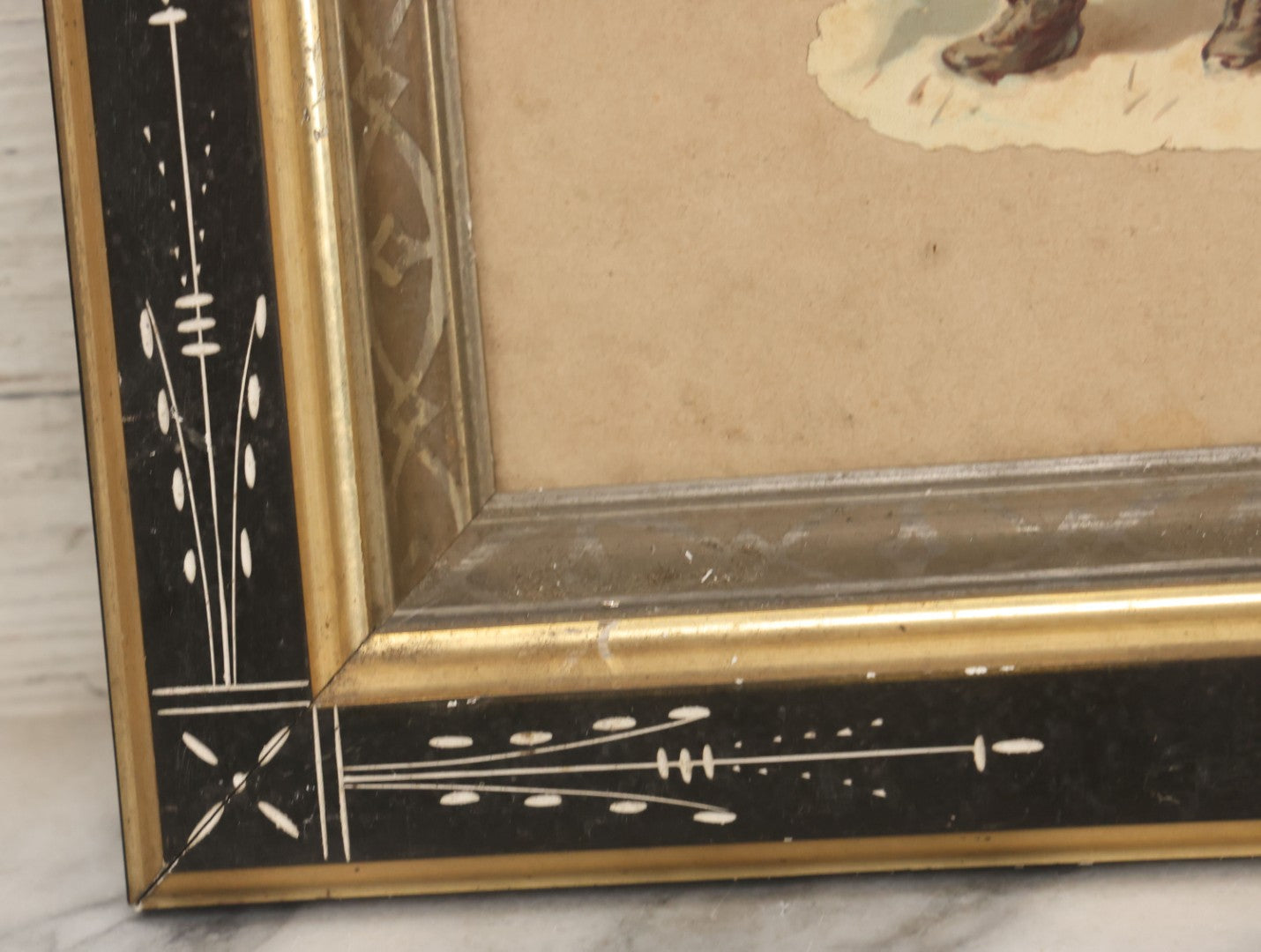 Lot 051 - Antique Victorian Scrapbook Page With Santa Claus Embossed Die Cut In Black Etched Eastlake Frame, 11-7/8" x 13-7/8"