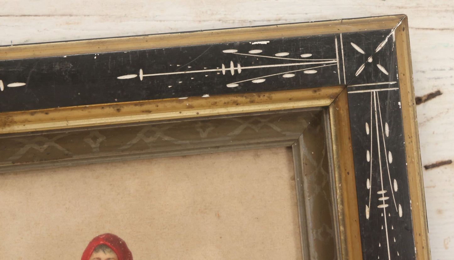 Lot 051 - Antique Victorian Scrapbook Page With Santa Claus Embossed Die Cut In Black Etched Eastlake Frame, 11-7/8" x 13-7/8"