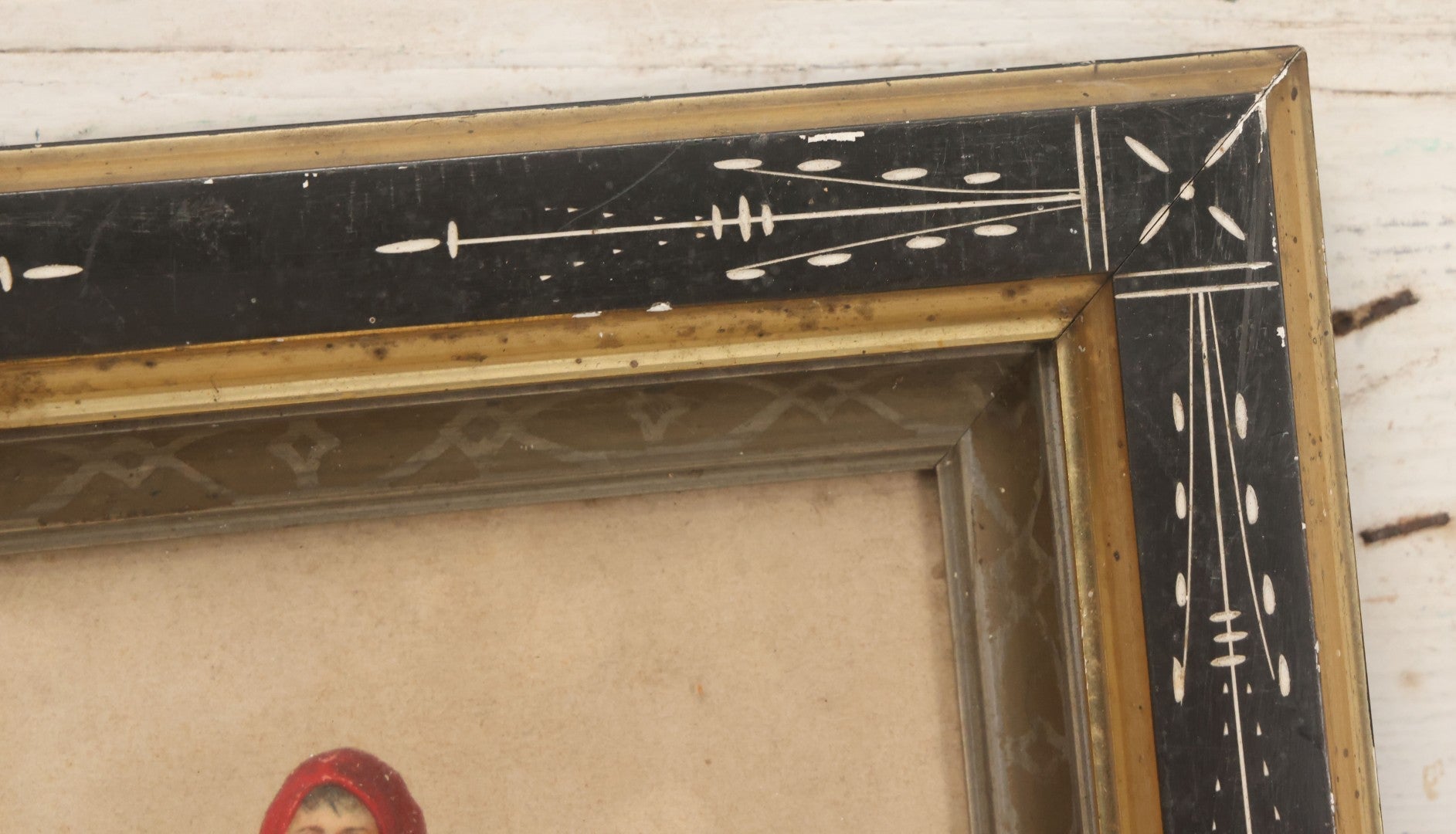 Lot 051 - Antique Victorian Scrapbook Page With Santa Claus Embossed Die Cut In Black Etched Eastlake Frame, 11-7/8" x 13-7/8"