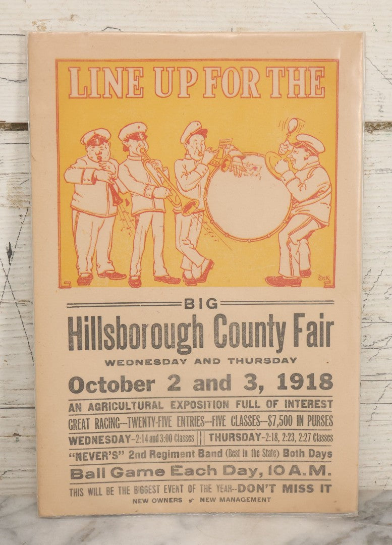 Lot 052 - Antique Lithographed Flyer For The "Big Hillsborough County Fair," October, 1918, "An Agricultural Exposition Full Of Interest, [...] Great Racing, [...] 'Never's' 2nd Regiment Band, [...] Ball Game Each Day," Hillsborough, New Hampshire