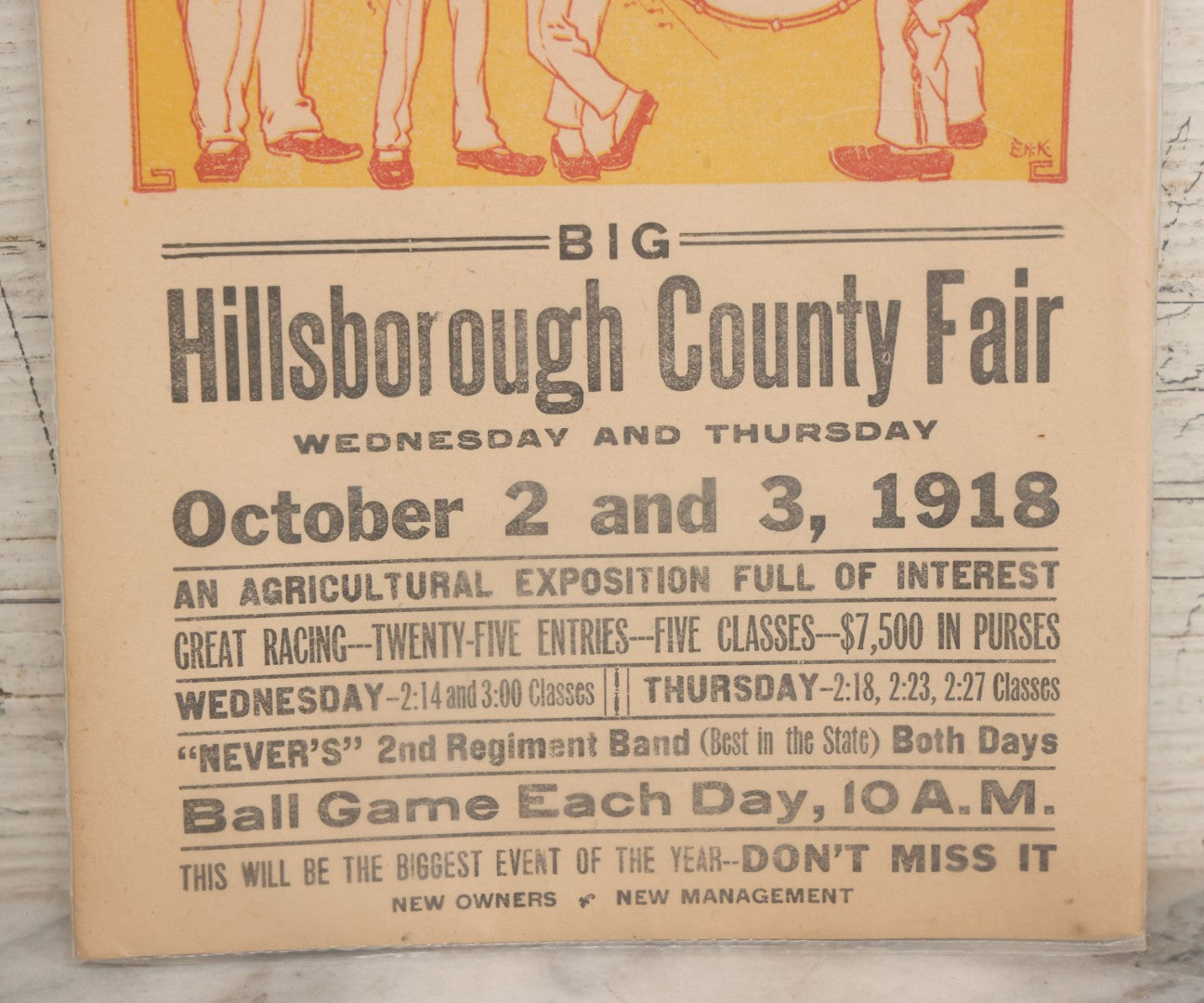 Lot 052 - Antique Lithographed Flyer For The "Big Hillsborough County Fair," October, 1918, "An Agricultural Exposition Full Of Interest, [...] Great Racing, [...] 'Never's' 2nd Regiment Band, [...] Ball Game Each Day," Hillsborough, New Hampshire