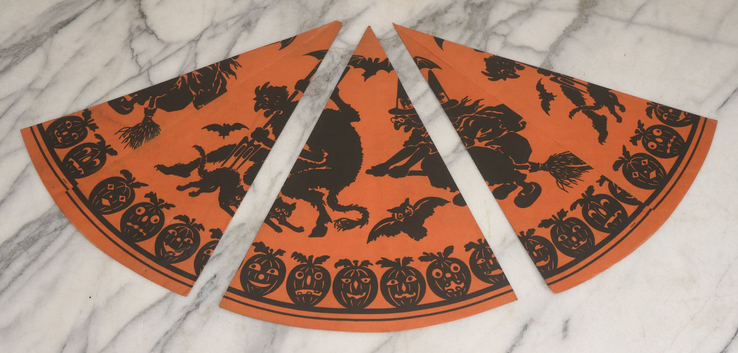 Lot 053 - Grouping Of Three Vintage Paper Halloween Cone Hats With Witch, Devil, Pumpkin, Bat, And Cat Silhouettes, Made In Japan