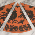 Lot 053 - Grouping Of Three Vintage Paper Halloween Cone Hats With Witch, Devil, Pumpkin, Bat, And Cat Silhouettes, Made In Japan