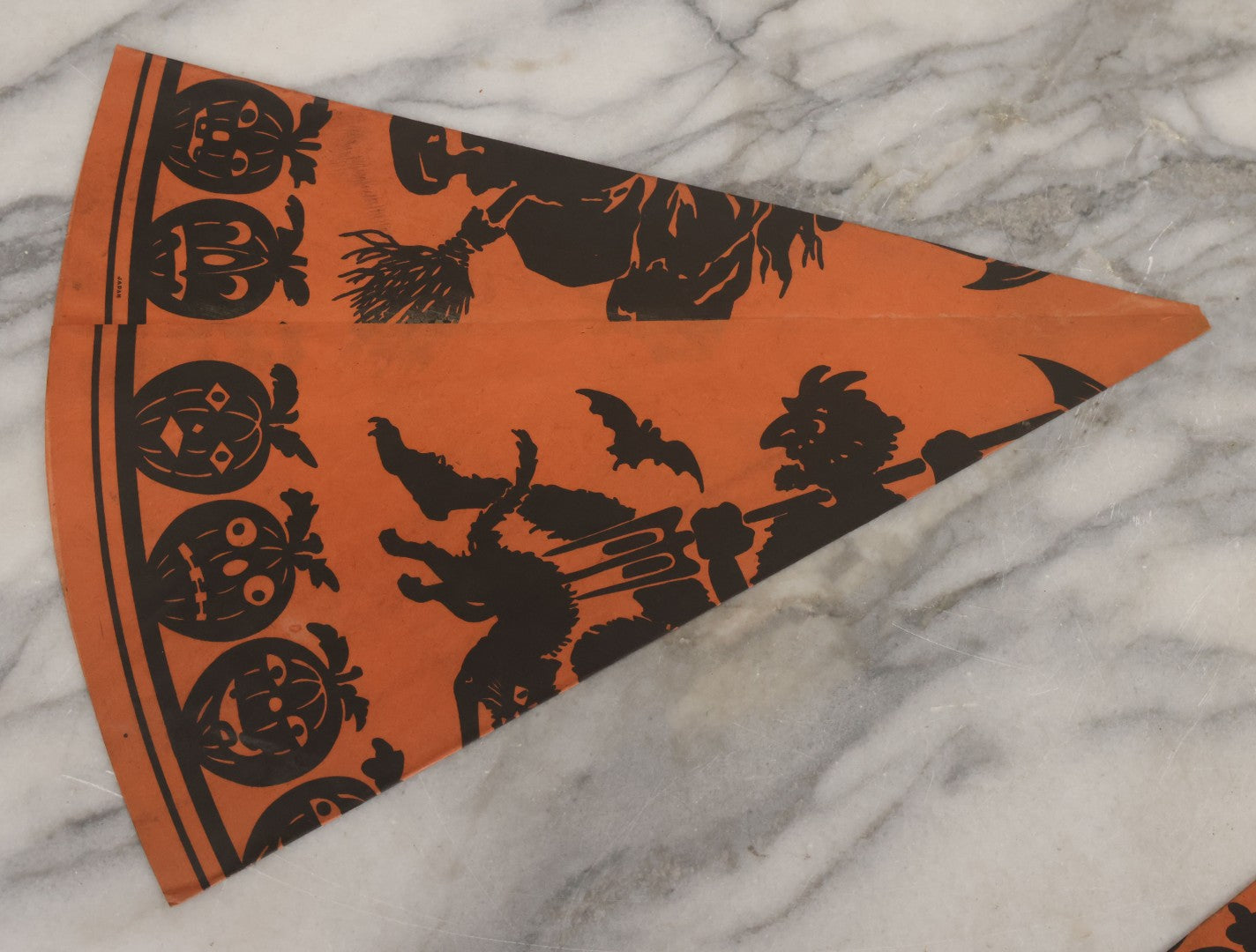 Lot 053 - Grouping Of Three Vintage Paper Halloween Cone Hats With Witch, Devil, Pumpkin, Bat, And Cat Silhouettes, Made In Japan