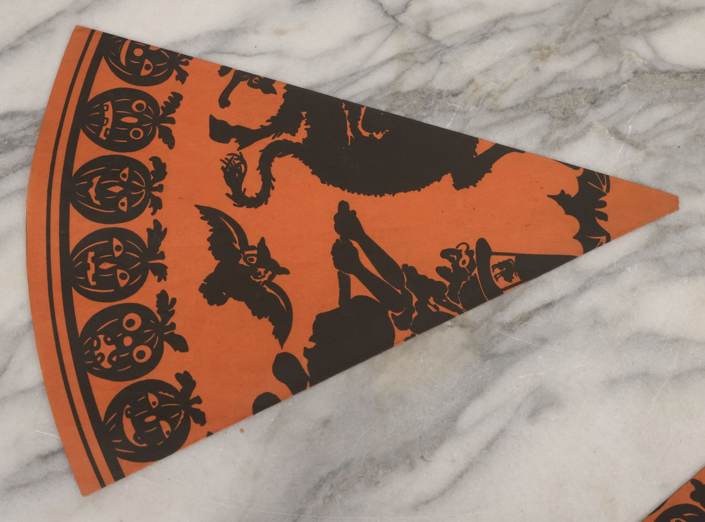 Lot 053 - Grouping Of Three Vintage Paper Halloween Cone Hats With Witch, Devil, Pumpkin, Bat, And Cat Silhouettes, Made In Japan