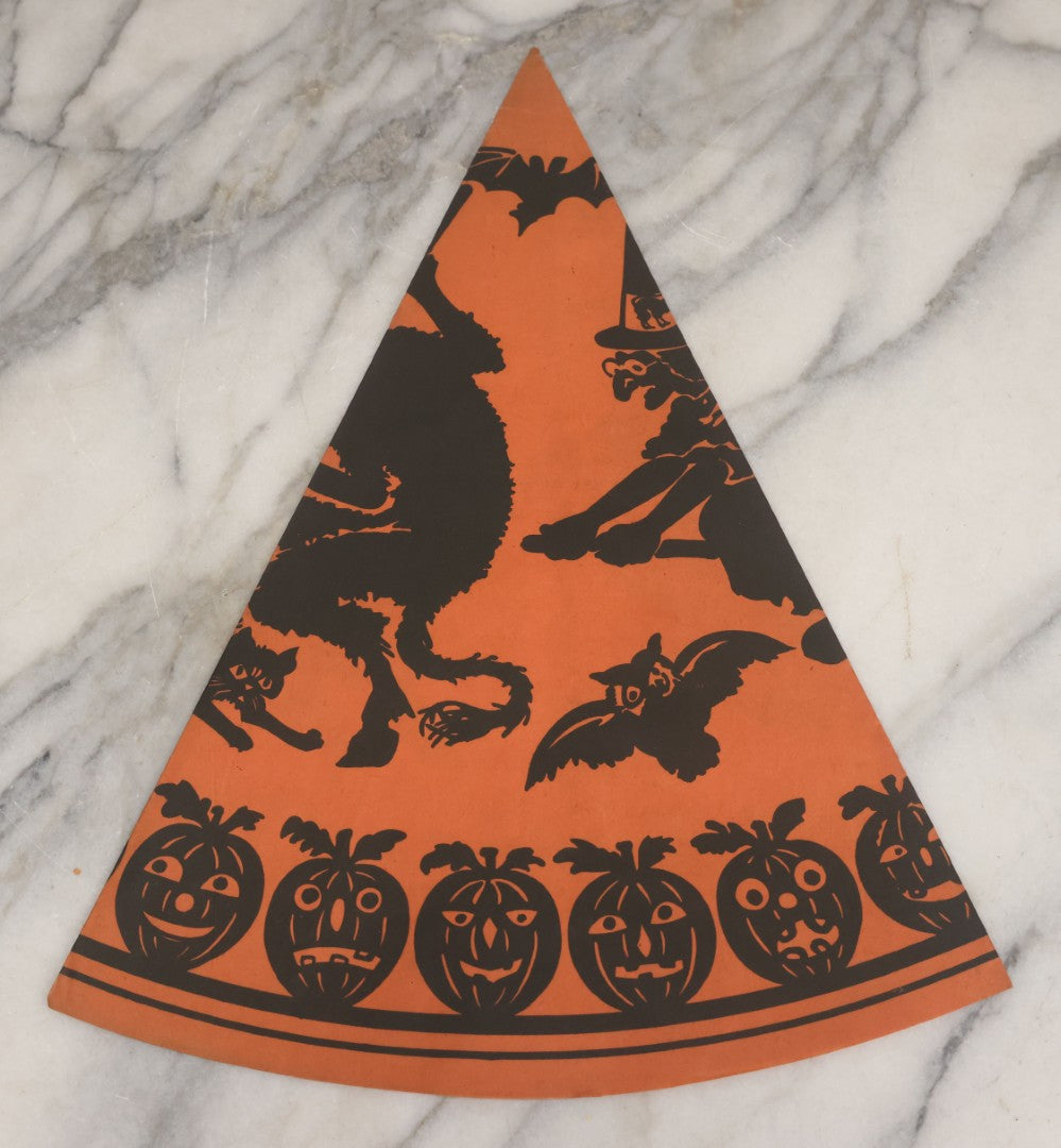 Lot 053 - Grouping Of Three Vintage Paper Halloween Cone Hats With Witch, Devil, Pumpkin, Bat, And Cat Silhouettes, Made In Japan