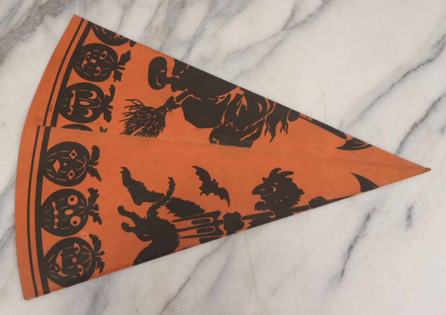 Lot 053 - Grouping Of Three Vintage Paper Halloween Cone Hats With Witch, Devil, Pumpkin, Bat, And Cat Silhouettes, Made In Japan