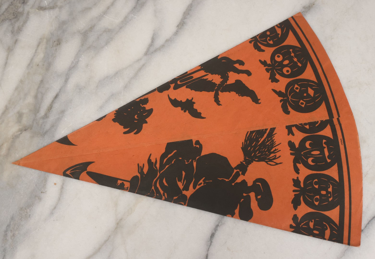 Lot 053 - Grouping Of Three Vintage Paper Halloween Cone Hats With Witch, Devil, Pumpkin, Bat, And Cat Silhouettes, Made In Japan