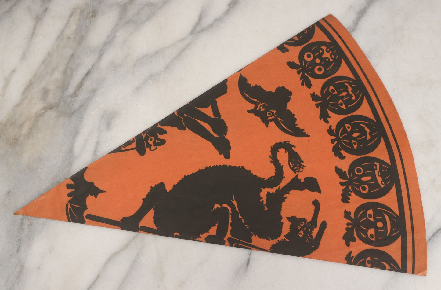 Lot 053 - Grouping Of Three Vintage Paper Halloween Cone Hats With Witch, Devil, Pumpkin, Bat, And Cat Silhouettes, Made In Japan