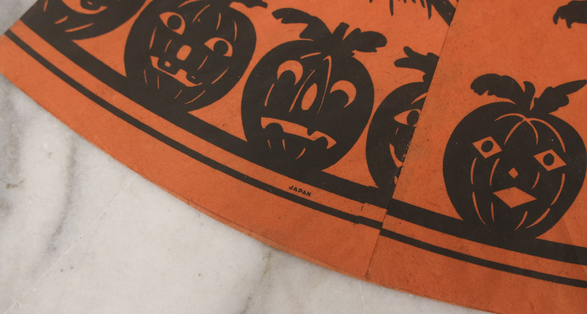 Lot 053 - Grouping Of Three Vintage Paper Halloween Cone Hats With Witch, Devil, Pumpkin, Bat, And Cat Silhouettes, Made In Japan