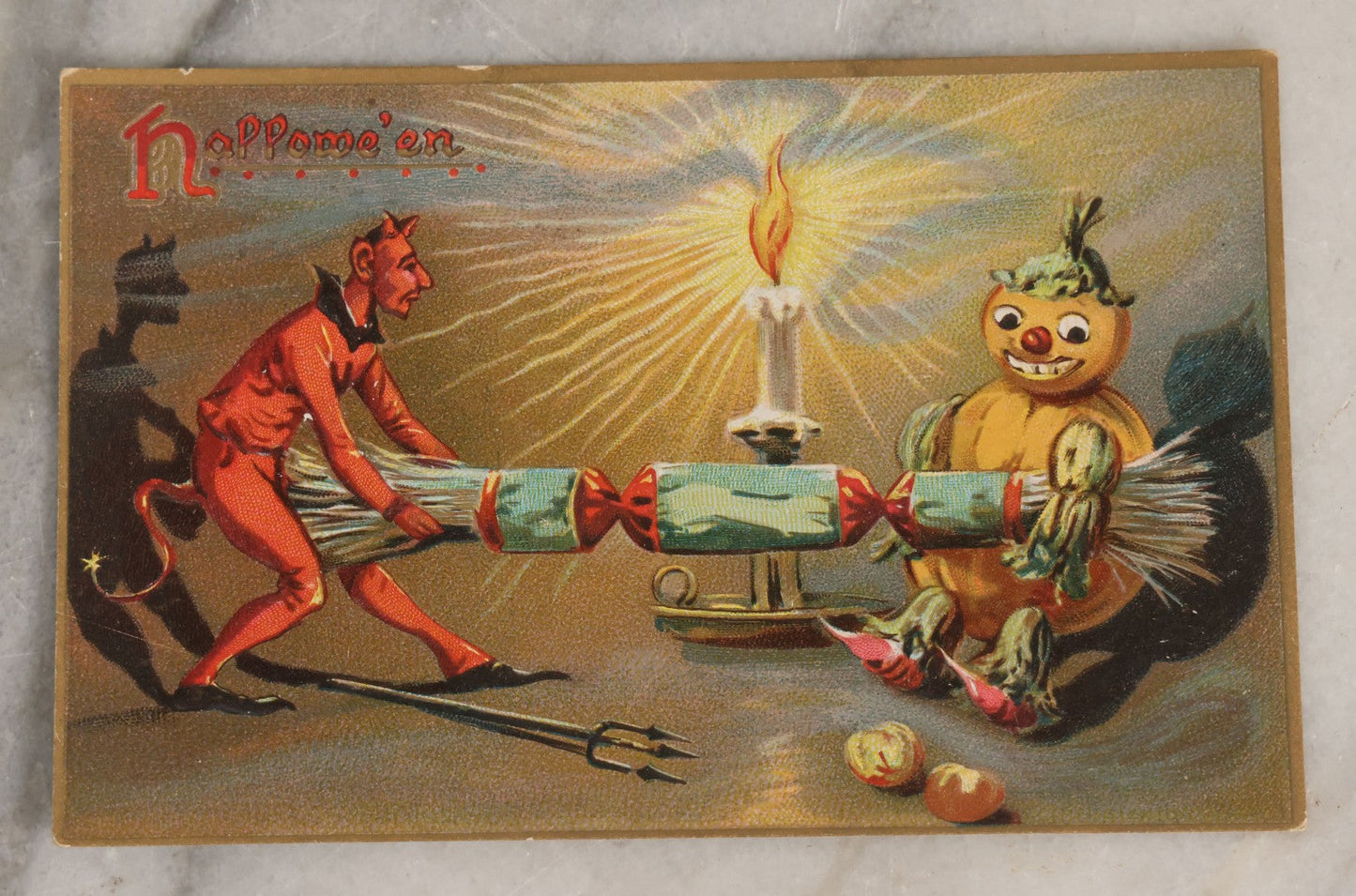 Lot 054 - Antique Embossed Halloween Postcard With Devil And Pumpkin Man Playing Tug-Of-War With Candy, Published By Raphael Tuck & Sons, Hallowe'En Post Cards Series No. 150, Printed In Saxony, Germany, Unused
