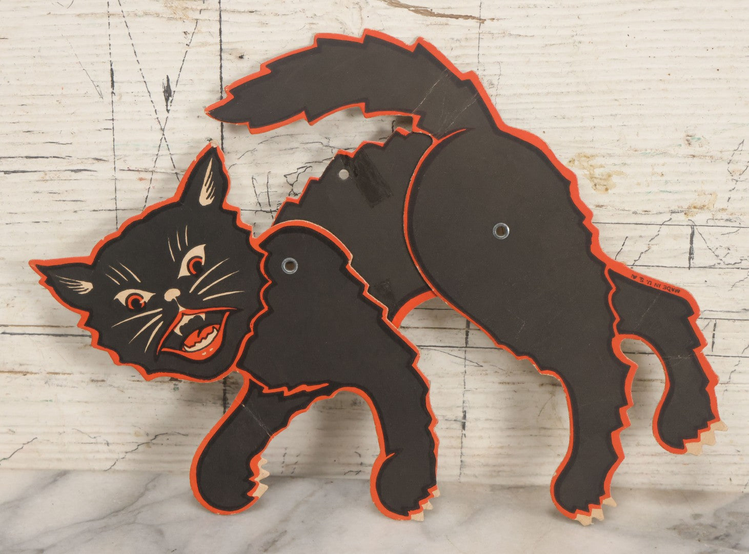 Lot 055 - Vintage Jointed Paper Board Black Cat Halloween Die Cut, Marked Made In U.S.A., Unsigned