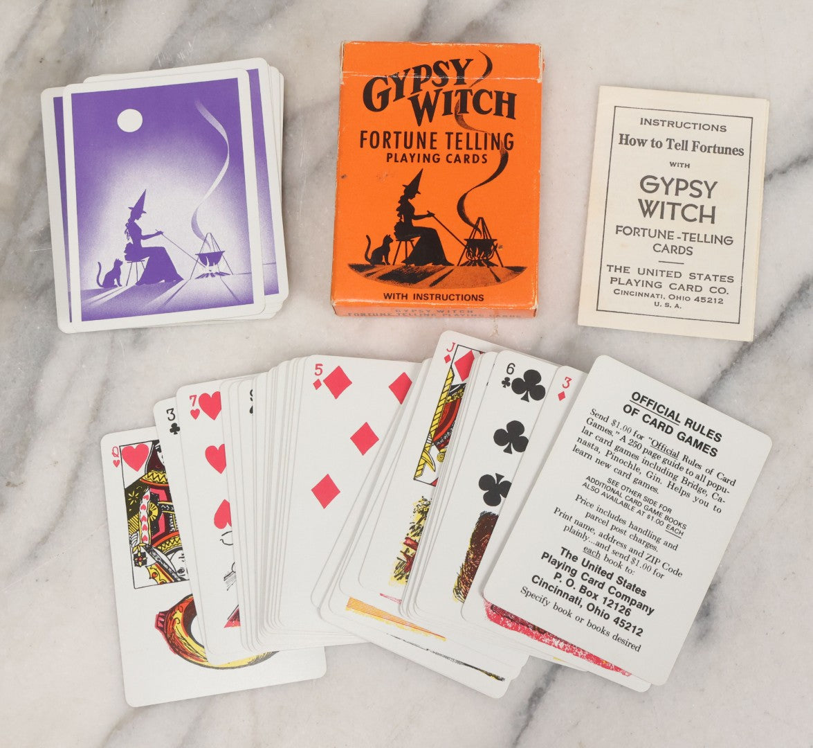 Lot 056 - Vintage Gypsy Witch Fortune Telling Playing Cards, Complete Deck Including 52 Cards, Jokers, Rule Card, Instructions, And Box, The United States Playing Card Company, Cincinnati Ohio, Made In U.S.A.