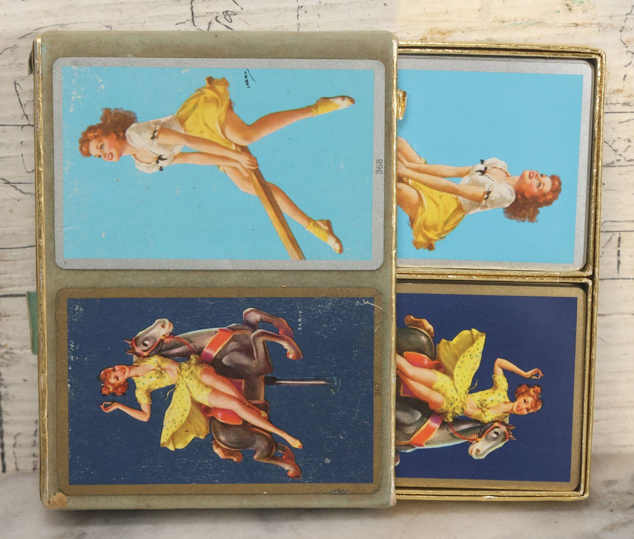 Lot 057 - Vintage Playing Cards Double Deck With Pin-Up Women Portraits By Jules Erbit, Manufactured By Congress Playing Cards, Cell-U-Tone Finish, In Original Box, Both Decks Complete