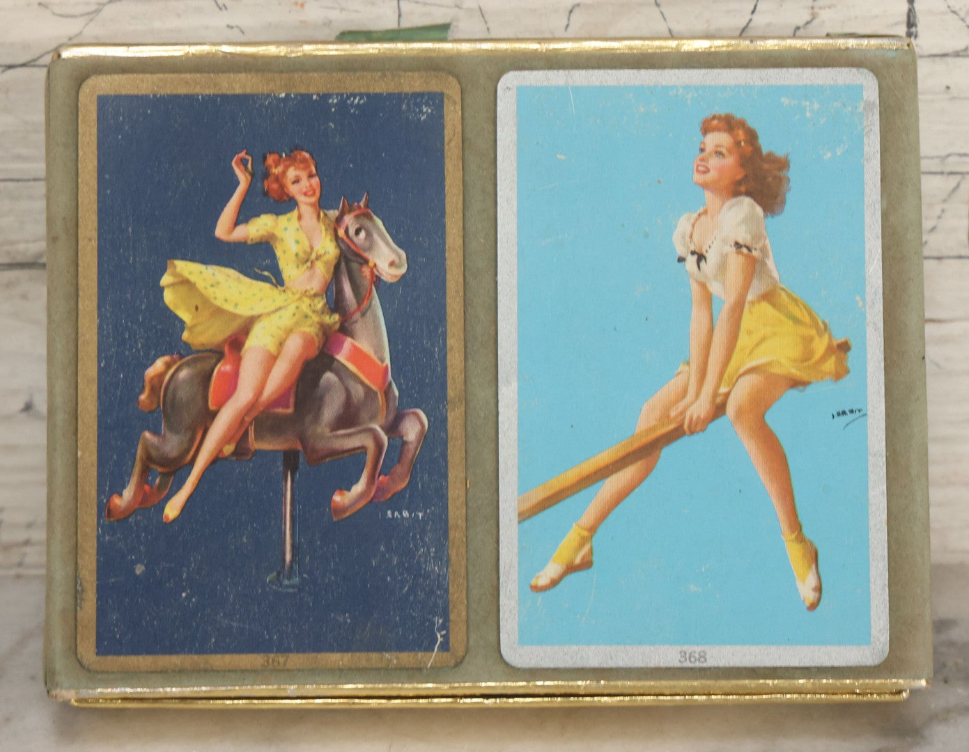 Lot 057 - Vintage Playing Cards Double Deck With Pin-Up Women Portraits By Jules Erbit, Manufactured By Congress Playing Cards, Cell-U-Tone Finish, In Original Box, Both Decks Complete