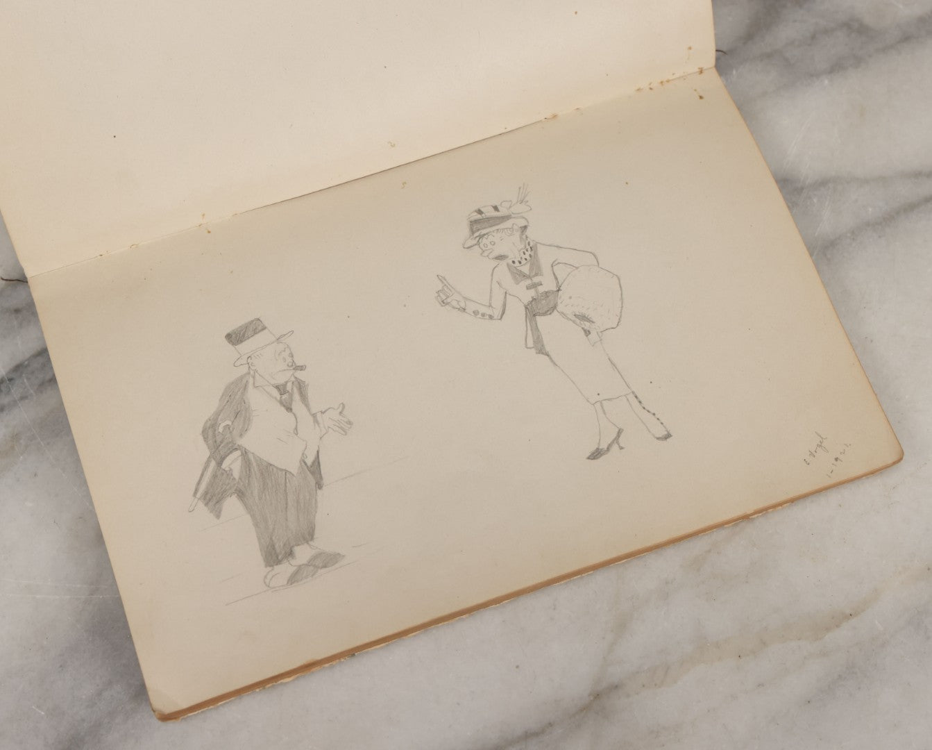 Lot 061 - Antique Amateur Artist's Sketchbook With 9+ Pencil Sketches Including Cartoons, Portraits, Dancers, Artist Signed, E. Vogel, 1921, Book Is Mostly Empty