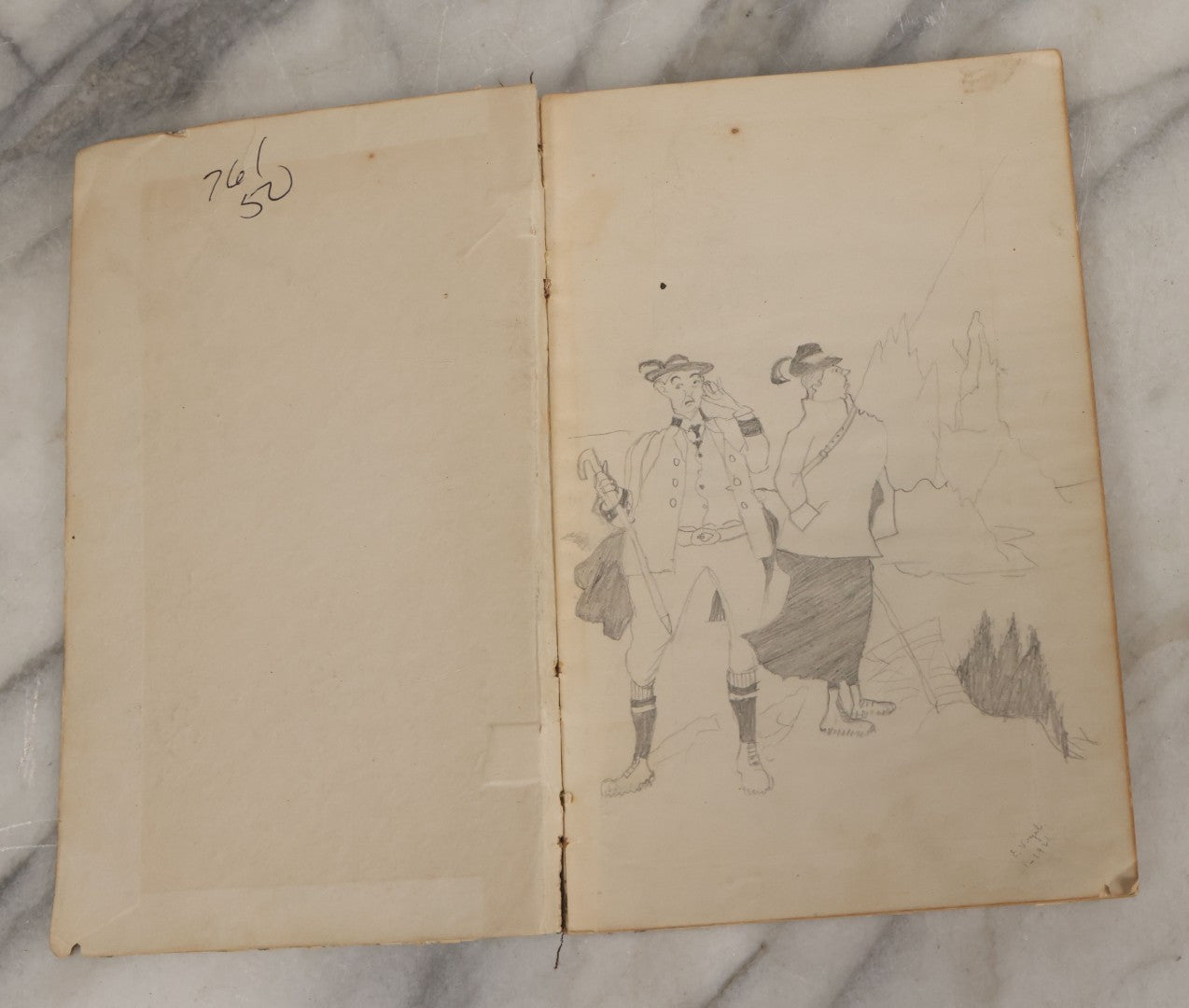 Lot 061 - Antique Amateur Artist's Sketchbook With 9+ Pencil Sketches Including Cartoons, Portraits, Dancers, Artist Signed, E. Vogel, 1921, Book Is Mostly Empty