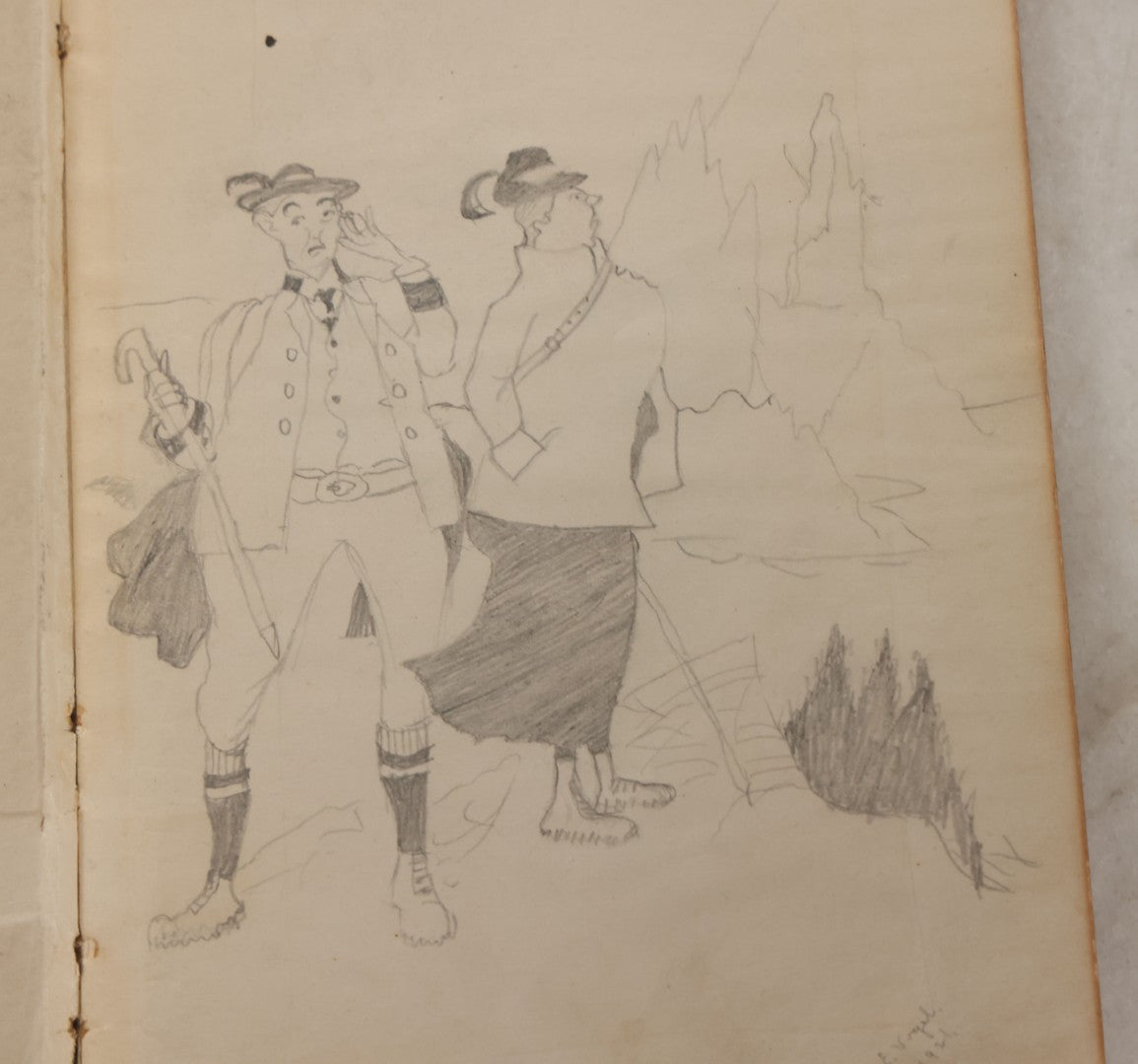 Lot 061 - Antique Amateur Artist's Sketchbook With 9+ Pencil Sketches Including Cartoons, Portraits, Dancers, Artist Signed, E. Vogel, 1921, Book Is Mostly Empty
