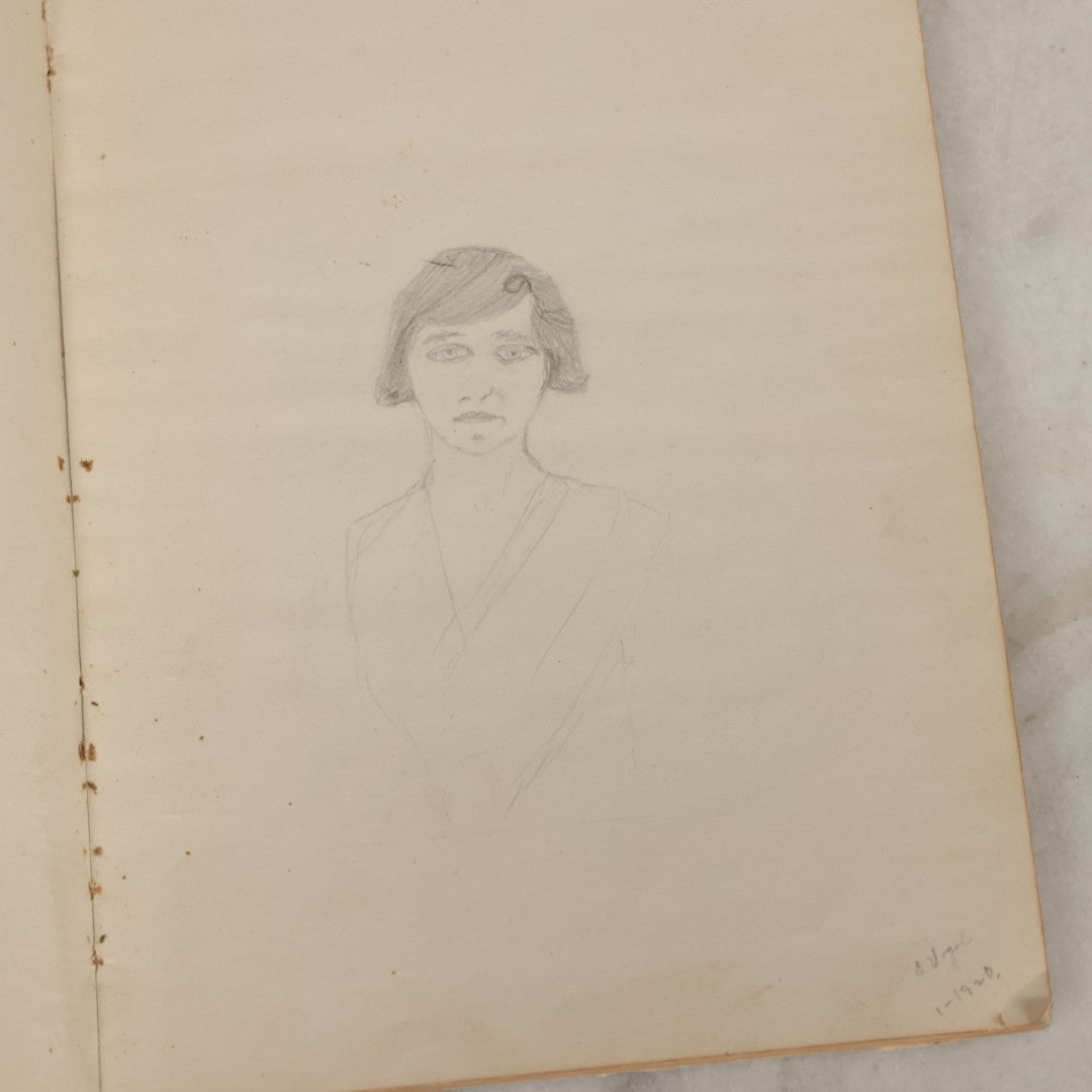 Lot 061 - Antique Amateur Artist's Sketchbook With 9+ Pencil Sketches Including Cartoons, Portraits, Dancers, Artist Signed, E. Vogel, 1921, Book Is Mostly Empty