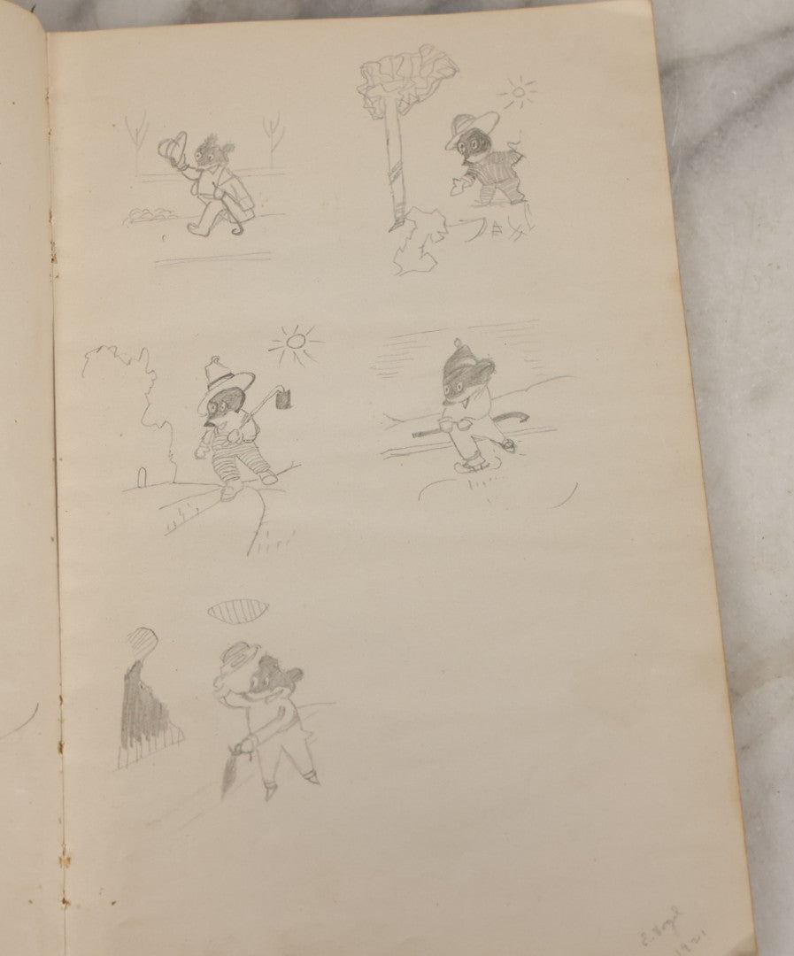 Lot 061 - Antique Amateur Artist's Sketchbook With 9+ Pencil Sketches Including Cartoons, Portraits, Dancers, Artist Signed, E. Vogel, 1921, Book Is Mostly Empty