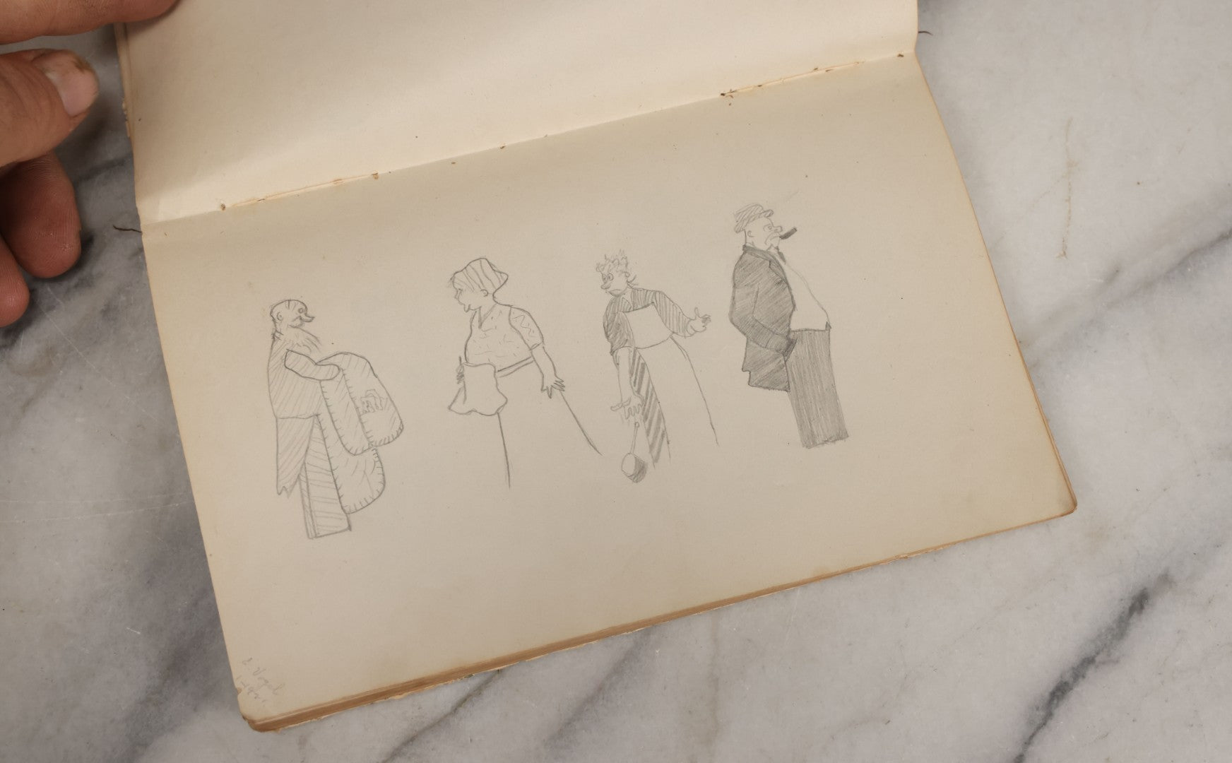 Lot 061 - Antique Amateur Artist's Sketchbook With 9+ Pencil Sketches Including Cartoons, Portraits, Dancers, Artist Signed, E. Vogel, 1921, Book Is Mostly Empty