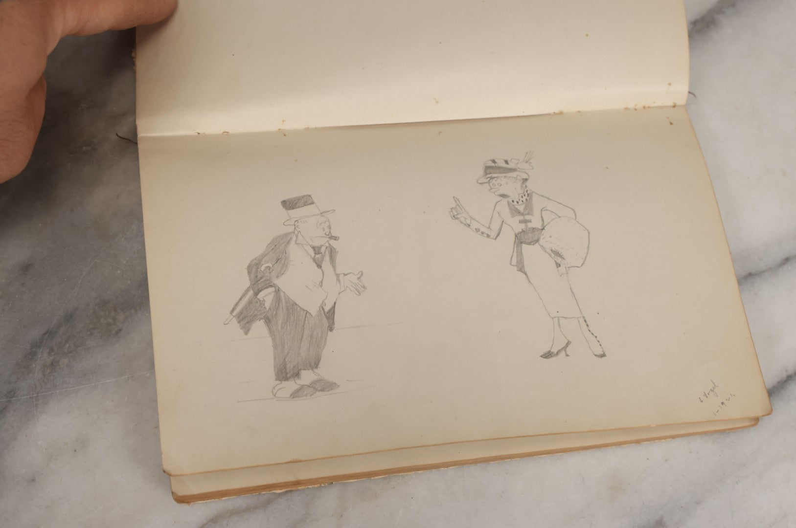 Lot 061 - Antique Amateur Artist's Sketchbook With 9+ Pencil Sketches Including Cartoons, Portraits, Dancers, Artist Signed, E. Vogel, 1921, Book Is Mostly Empty