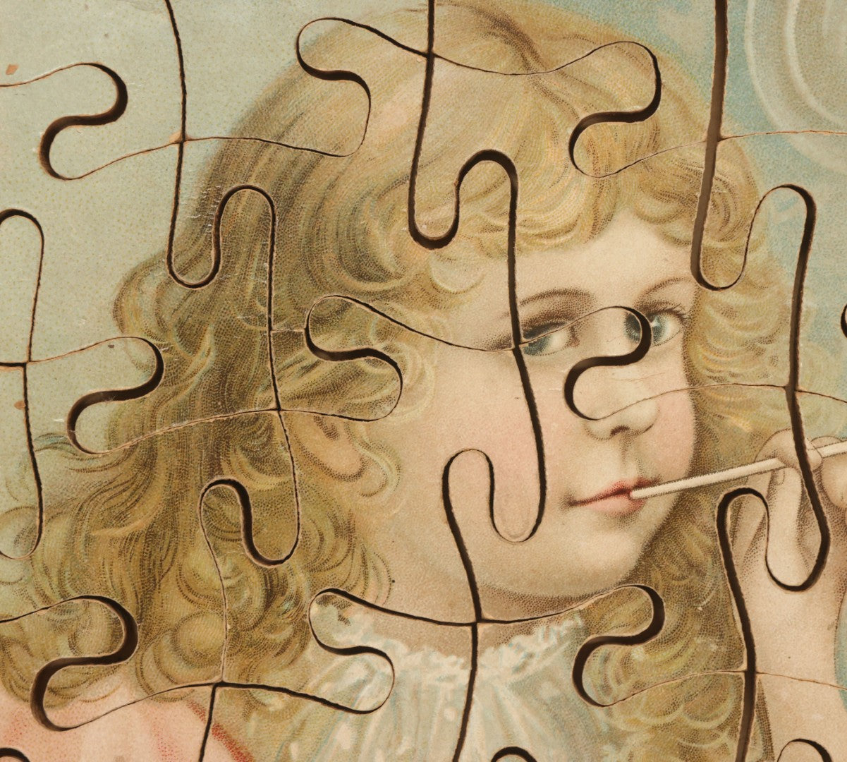 Lot 062 - Antique Double Sided Victorian Lithographed Wood Cut Jigsaw Puzzle With Scene Of Children In Costume With Clown And Children Blowing Bubbles, With Original Box And Partial Lithographed Lid