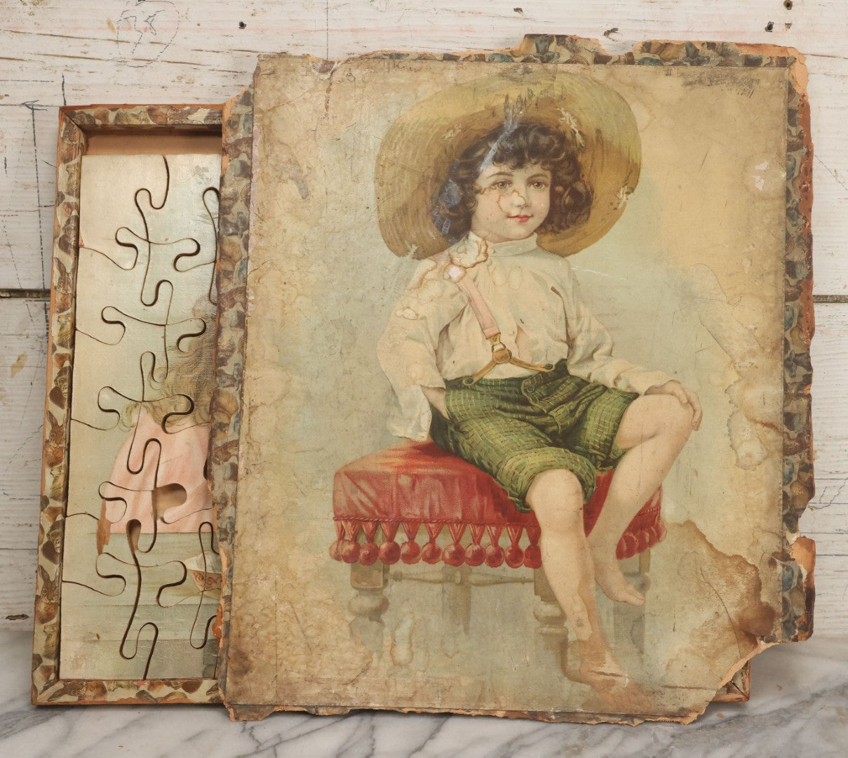 Lot 062 - Antique Double Sided Victorian Lithographed Wood Cut Jigsaw Puzzle With Scene Of Children In Costume With Clown And Children Blowing Bubbles, With Original Box And Partial Lithographed Lid