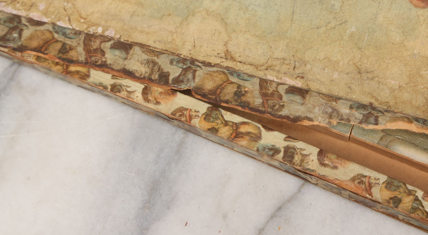 Lot 062 - Antique Double Sided Victorian Lithographed Wood Cut Jigsaw Puzzle With Scene Of Children In Costume With Clown And Children Blowing Bubbles, With Original Box And Partial Lithographed Lid