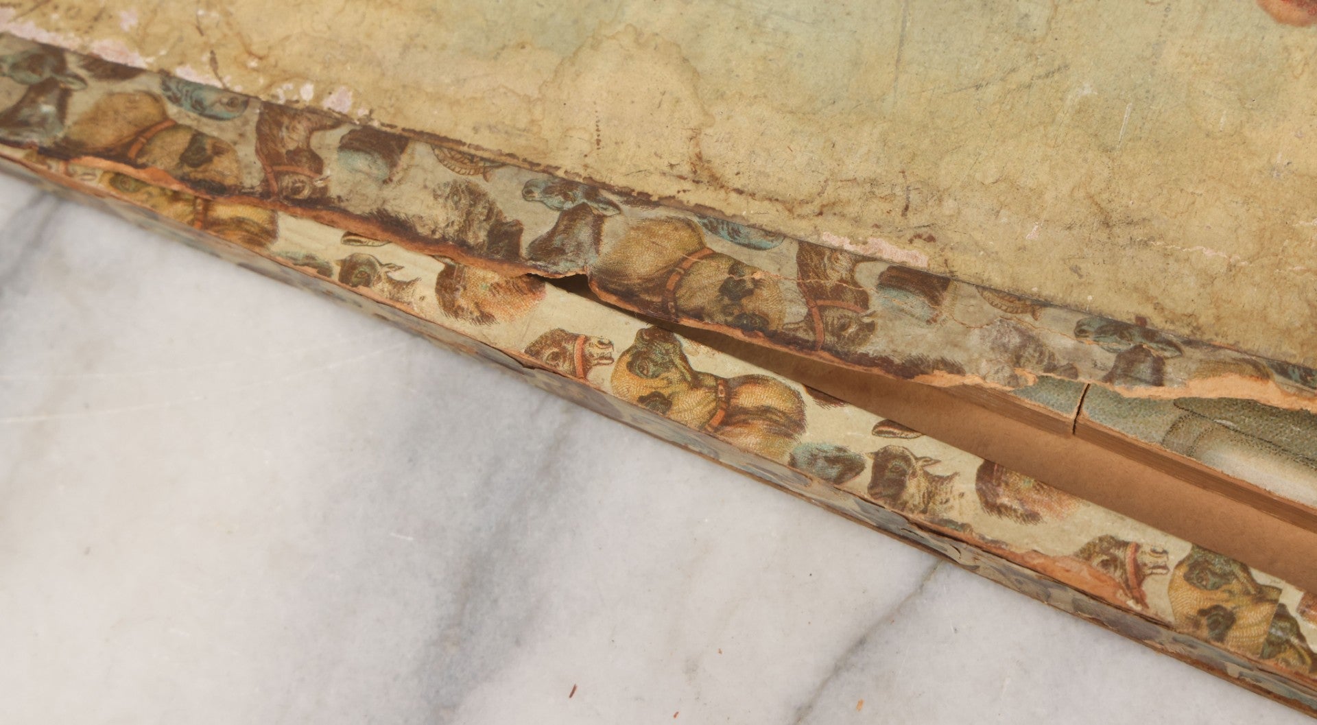 Lot 062 - Antique Double Sided Victorian Lithographed Wood Cut Jigsaw Puzzle With Scene Of Children In Costume With Clown And Children Blowing Bubbles, With Original Box And Partial Lithographed Lid